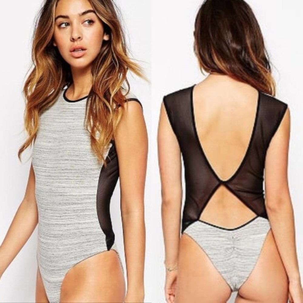 Blue Life Wanderer Gray Mesh Sheer Open Back Scrunch Butt OnePiece Sexy Swimsuit